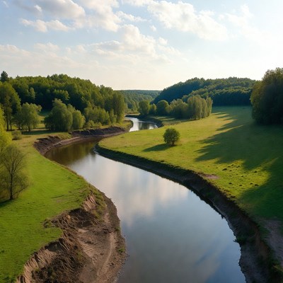Winding River Through Green Forest Valley
