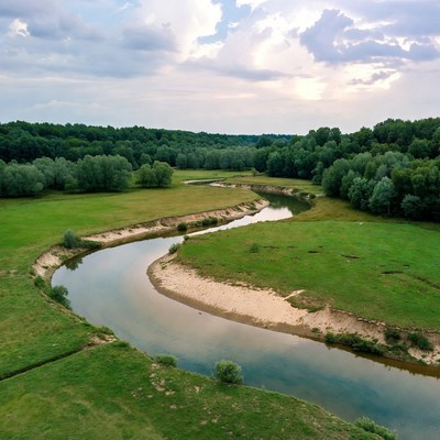 Winding River Through Green Forest Meadow