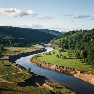 Aerial View of Winding River in Forest Valley