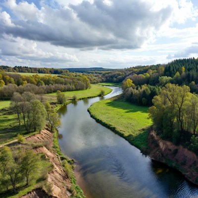 Winding River in Autumn Forest