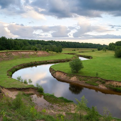 Winding River in Green Meadow