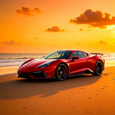 Red Supercar Parked on Beach at Sunset