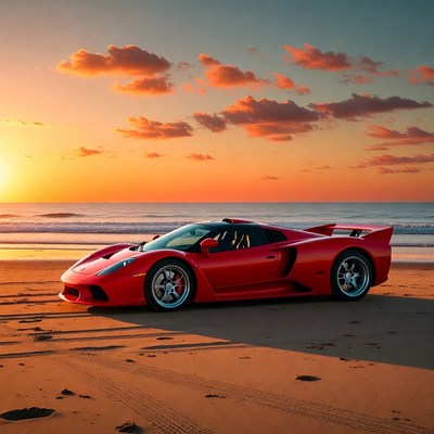 Red Supercar on Beach at Sunset