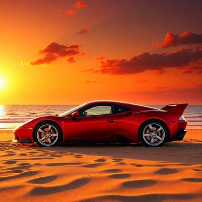 Red Ferrari on Beach at Sunset
