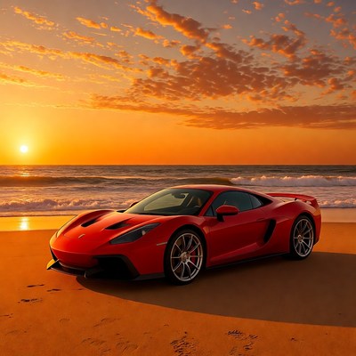 Red Supercar Parked on Beach at Sunset