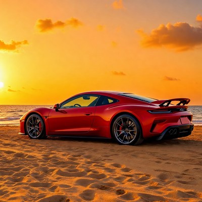 Red Porsche 911 GT3 RS on Beach Sunset
