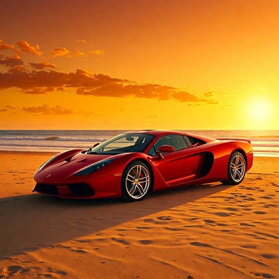 Red Ferrari on Beach at Sunset