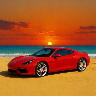 Red Ferrari on Beach at Sunset