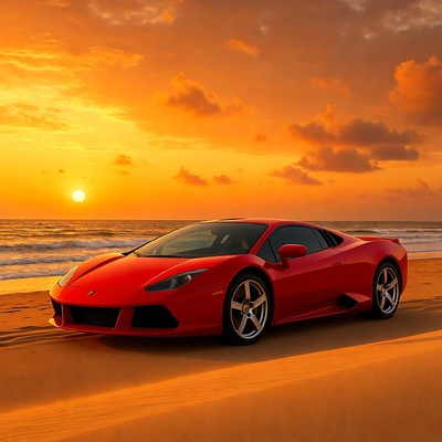 Red Lamborghini on Beach at Sunset