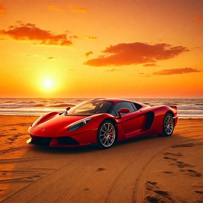 Red Supercar on Beach at Sunset