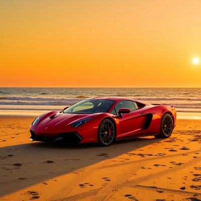 Red Lamborghini on Beach at Sunset