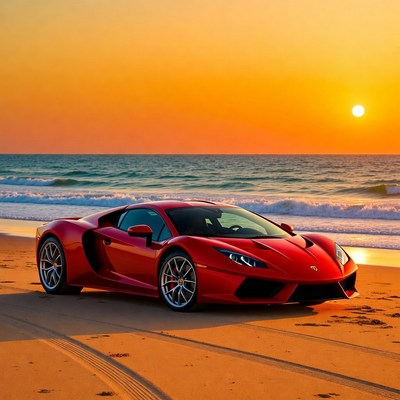 Red Lamborghini on Beach at Sunset