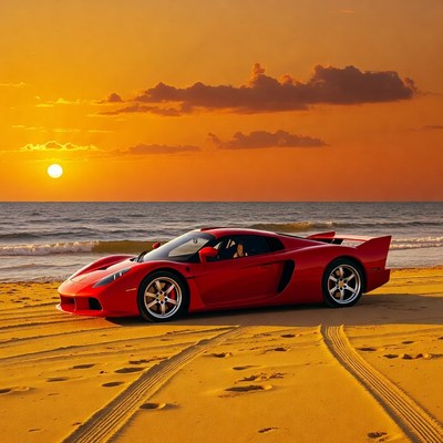 Red Ferrari on Beach at Sunset