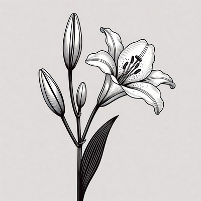 Line Art Lily Flower with Buds