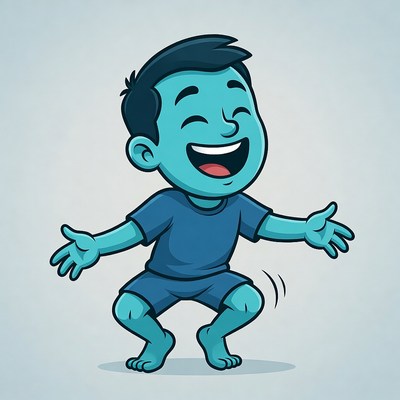 Cartoon boy laughing and jumping