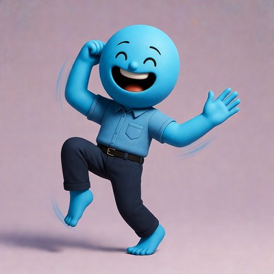 Blue cartoon character dancing happily