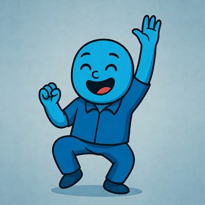 Blue cartoon character dancing happily