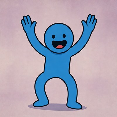 Blue cartoon character raising arms happily