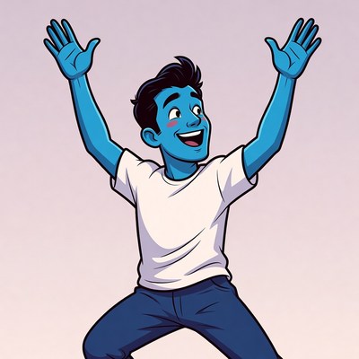 Blue cartoon man raising hands excitedly