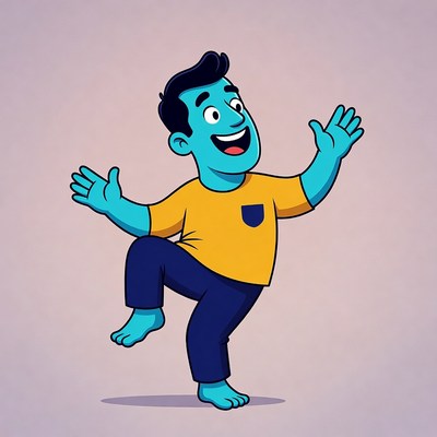 Blue cartoon man dancing happily