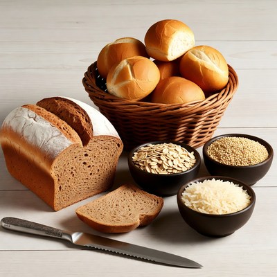 Bread Loaves Rolls Grains Wooden Table