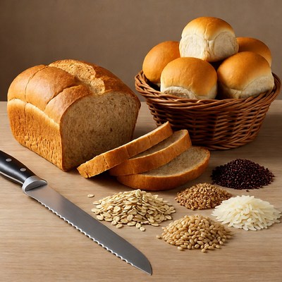 Bread Loaves and Grains on Wooden Table