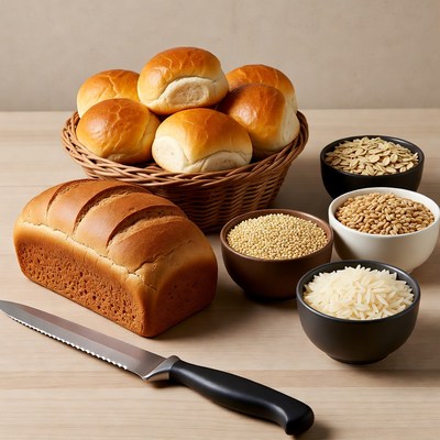 Bread Rolls and Grains with Knife