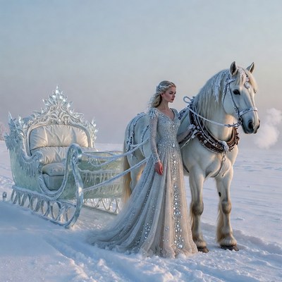 Blonde woman with white horse by ice sleigh
