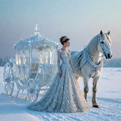 Woman in sparkling gown with glass carriage and horse