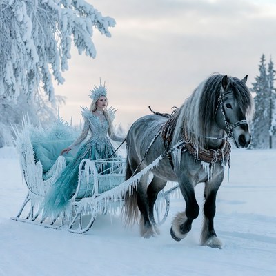 Ice Queen Riding Horse-Drawn Sleigh