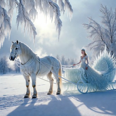 Woman in Ice Sleigh with White Horse
