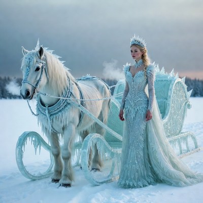 Woman with White Horse and Ice Sleigh