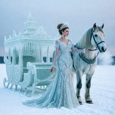 Woman in ice gown with white horse sleigh