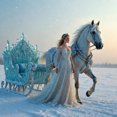 Blonde Woman with White Horse and Sleigh