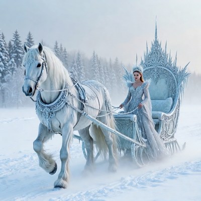 Woman in ice sleigh with white horse
