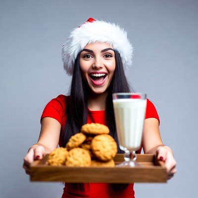 Woman in Santa hat holding cookies milk