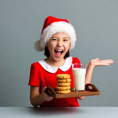 Asian girl in Santa hat with cookies milk