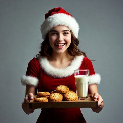Girl in Santa hat with cookies and milk
