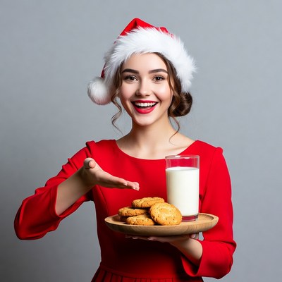 Woman with Santa hat, cookies and milk