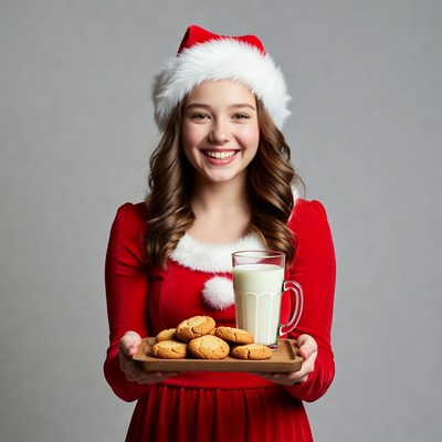 Girl in Santa hat holding cookies and milk