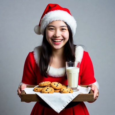 Asian woman in Santa dress with cookies milk