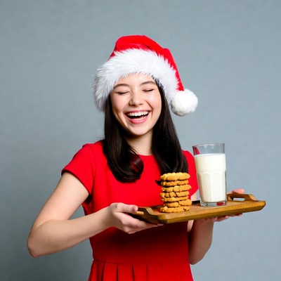 Asian girl with Santa hat holding cookies milk