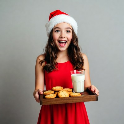 Girl in Santa hat holding cookies and milk