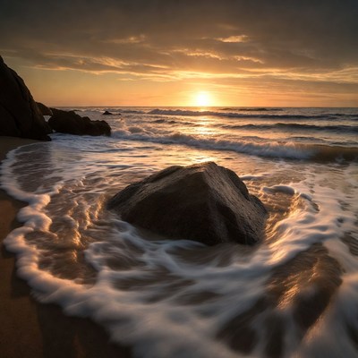 Large Rock in Ocean Waves at Sunset