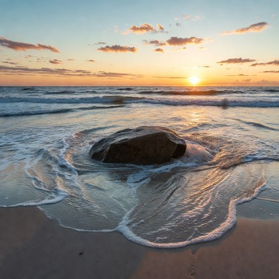 Large Rock in Ocean Waves at Sunset
