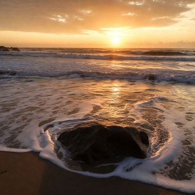Sunset over beach with rock