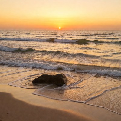 Sunset over ocean waves and rock