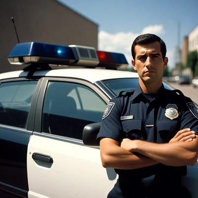Policeman leaning on patrol car