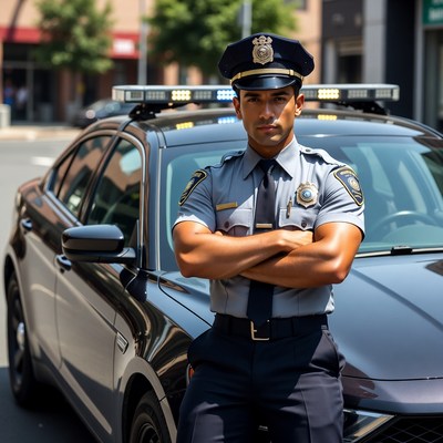 Latino police officer leaning on patrol car