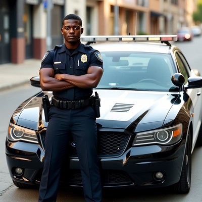 African-American police officer standing by patrol car